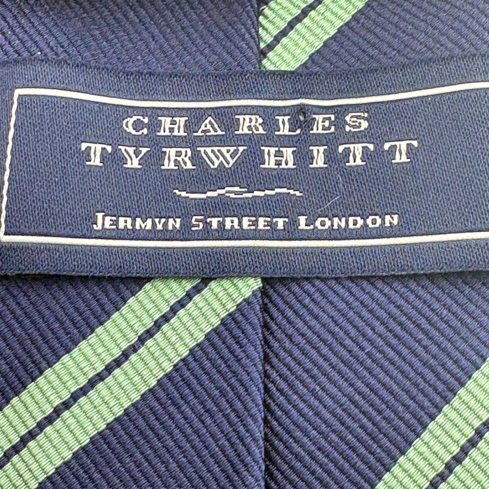 Charles Tyrwhitt Mens Navy Blue Mint Green Striped 100% Silk Ribbed Necktie - Picture 4 of 4